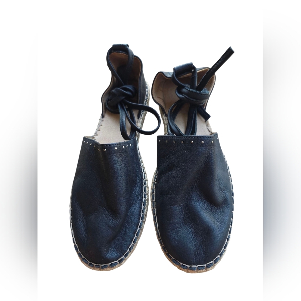 All Saints Black Leather Espadrille Ankle Tie Flats - Picture 6 of 9